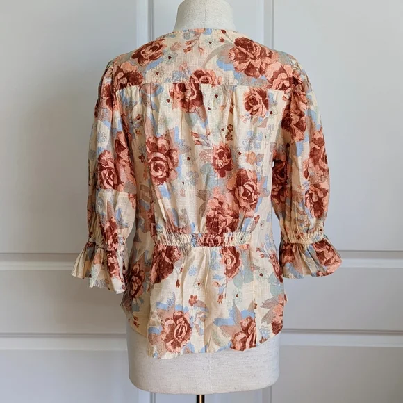 Free People Top Blouse Short Sleeve Deep V-Neck Floral Print Linen Ivory L NWT - Picture 6 of 16